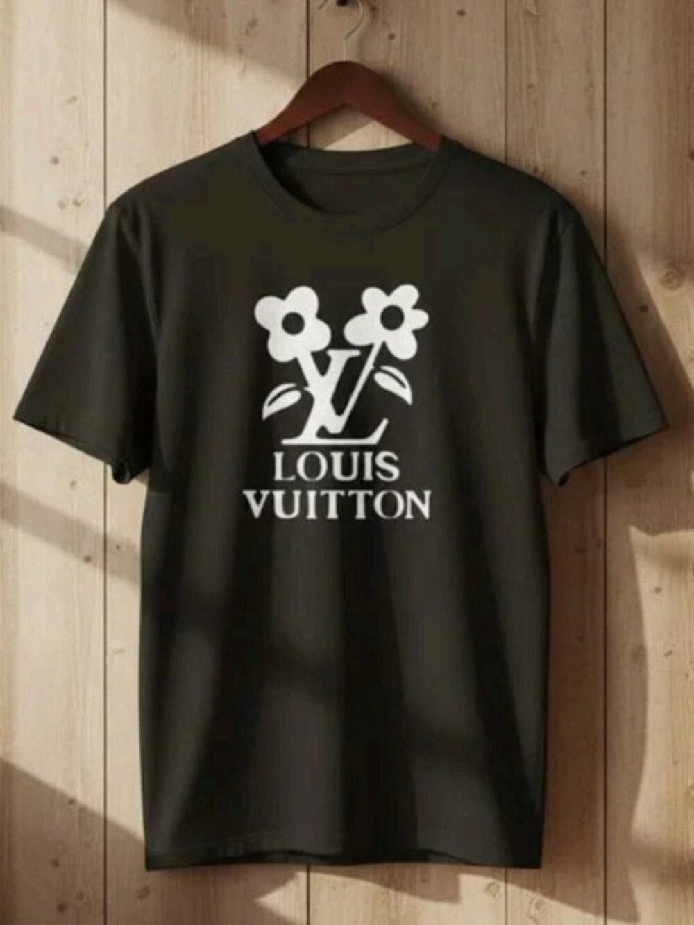 Louis Vuitton LV Monogram Flower White Logo Black Cotton Short Sleeve T-Shirt